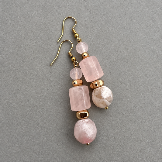 Blush Bloom Earrings — Rose Quartz, Agate &amp; Gold-Plated Hematite