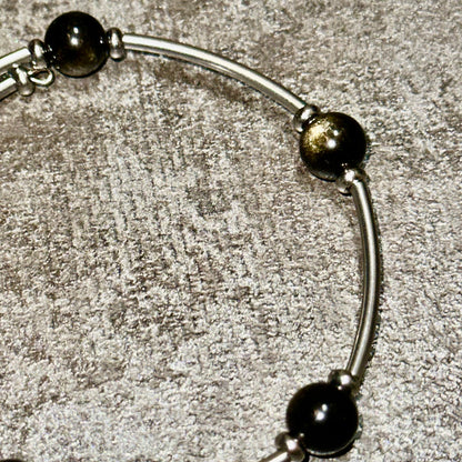 Midnight Shield – Black Obsidian Memory Wire Bracelet