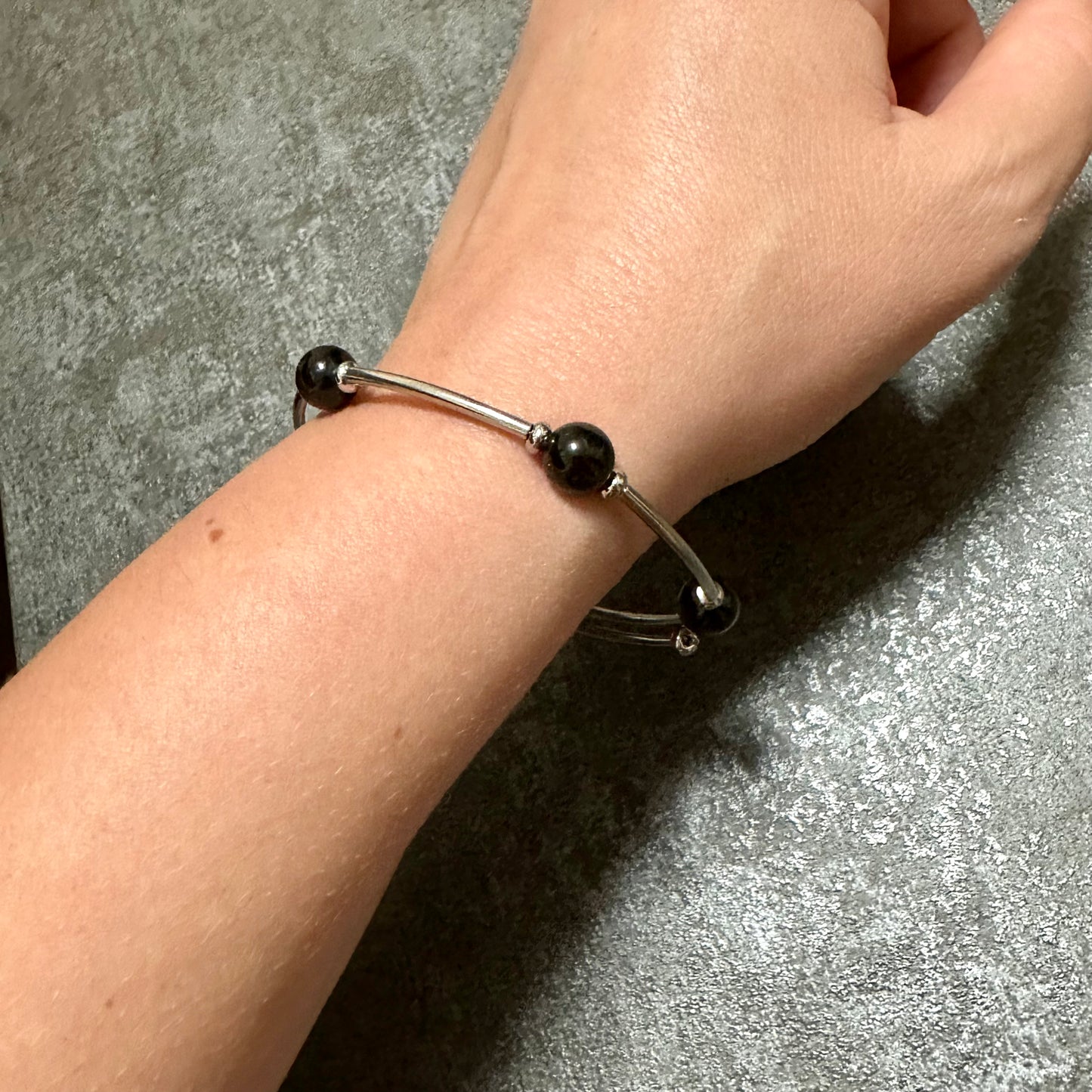 Midnight Shield – Black Obsidian Memory Wire Bracelet