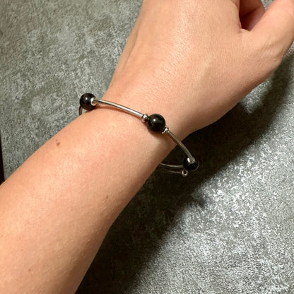 Midnight Shield – Black Obsidian Memory Wire Bracelet
