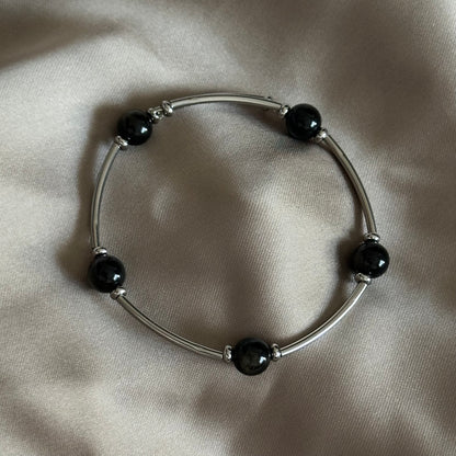 Midnight Shield – Black Obsidian Memory Wire Bracelet