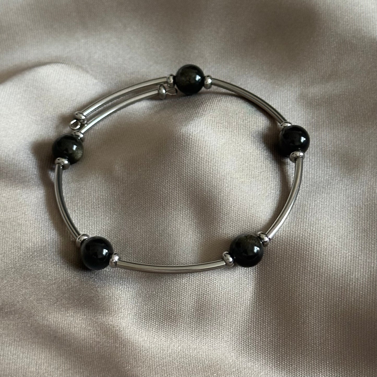 Midnight Shield – Black Obsidian Memory Wire Bracelet