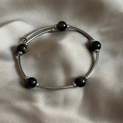 Midnight Shield – Black Obsidian Memory Wire Bracelet