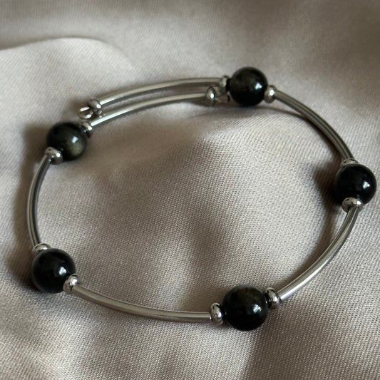 Midnight Shield – Black Obsidian Memory Wire Bracelet