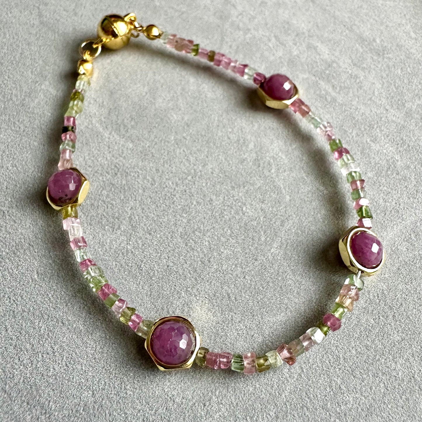 Multicolor Tourmaline Bracelet with Amethyst | Gold Stainless Steel