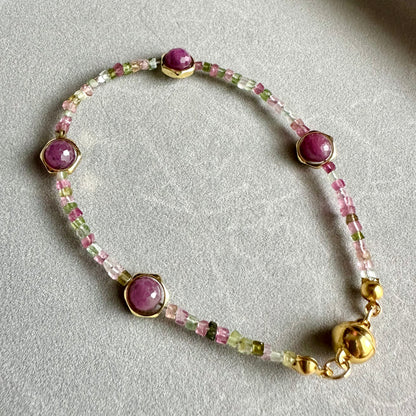 Multicolor Tourmaline Bracelet with Amethyst | Gold Stainless Steel