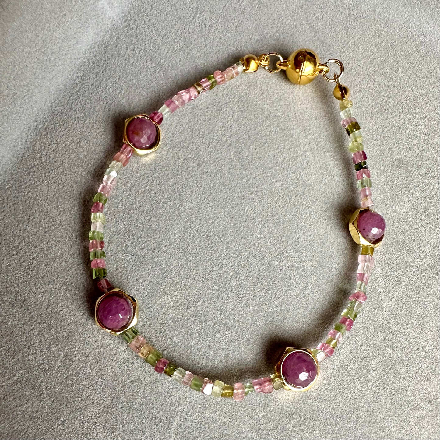 Multicolor Tourmaline Bracelet with Amethyst | Gold Stainless Steel