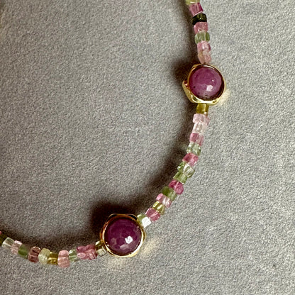 Multicolor Tourmaline Bracelet with Amethyst | Gold Stainless Steel
