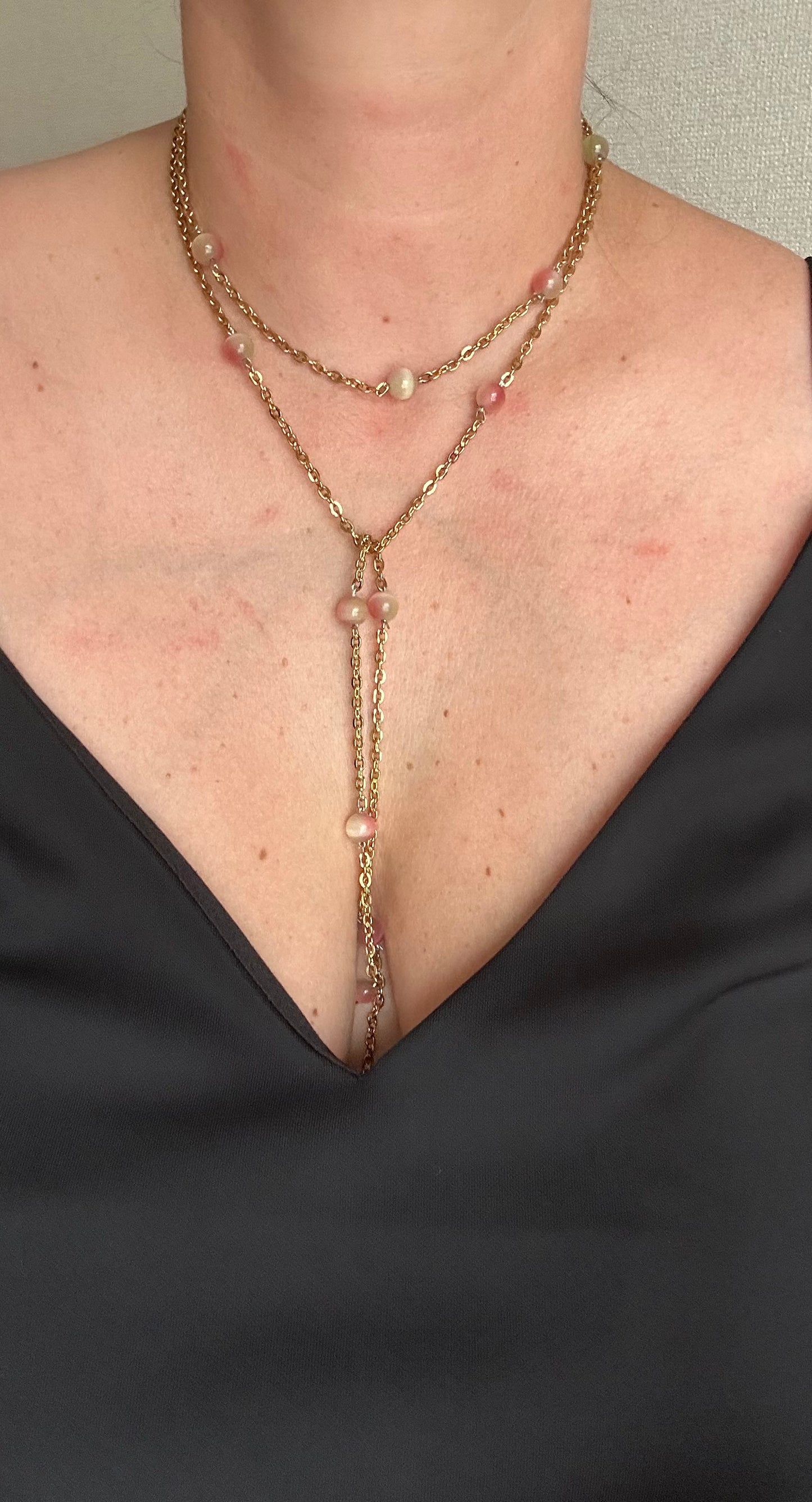 Natural Green Opal Long Chain Necklace | 1 Meter | Stainless Steel | Convertible Wrap Necklace