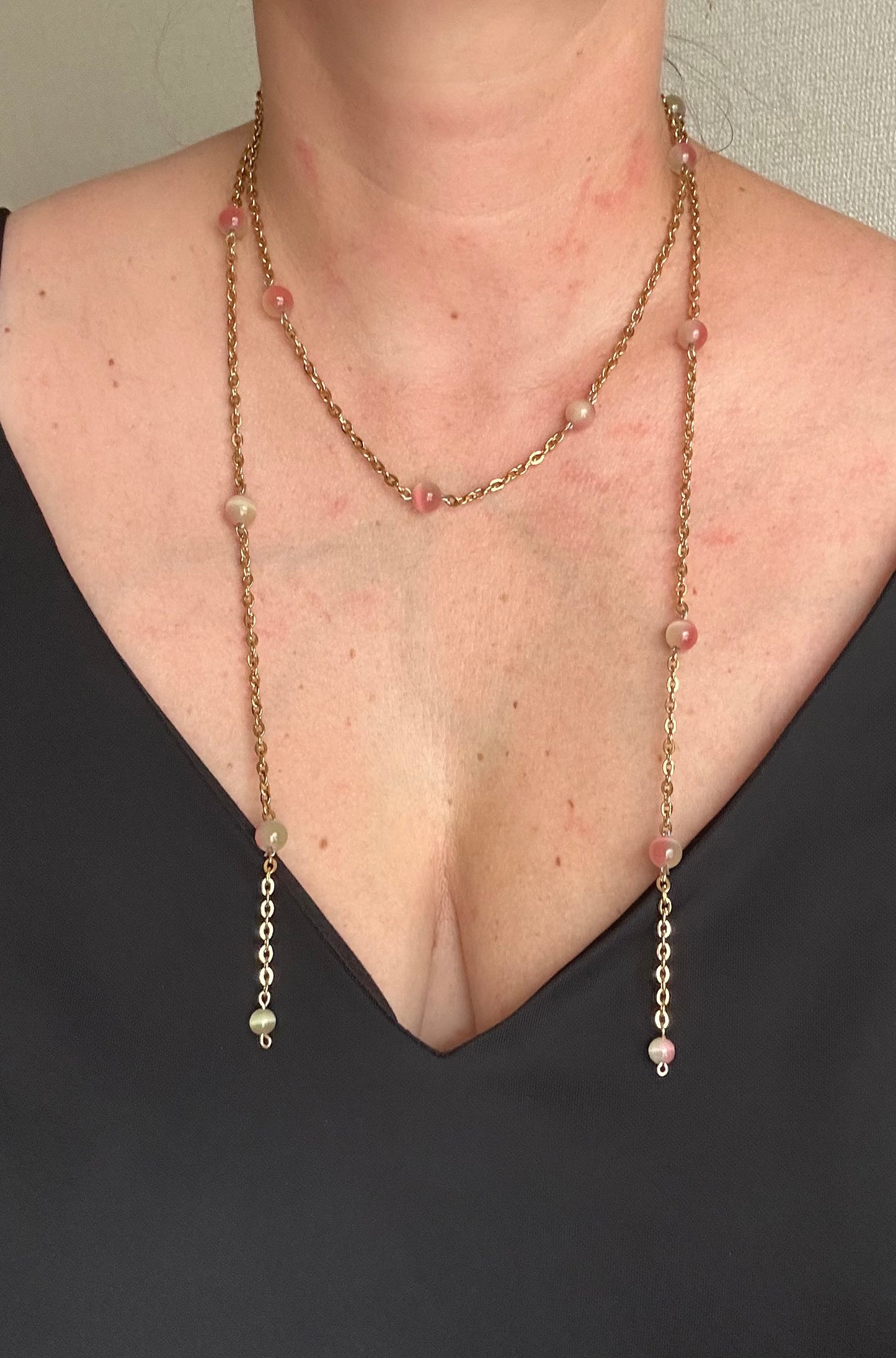 Natural Green Opal Long Chain Necklace | 1 Meter | Stainless Steel | Convertible Wrap Necklace