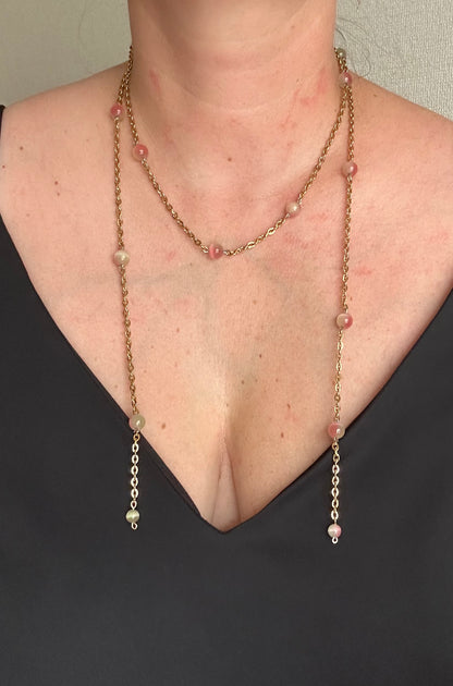 Natural Green Opal Long Chain Necklace | 1 Meter | Stainless Steel | Convertible Wrap Necklace