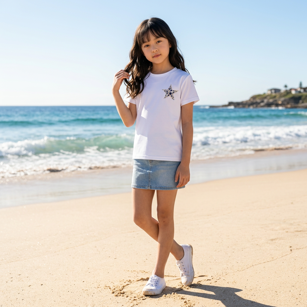Kids Dry T-Shirt – Hand-Drawn Star by Layla | Quick-Dry | White & Beige
